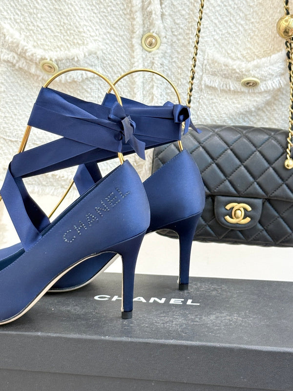 Chanel 26C Ballet High Heels Dark Blue in Silk 616004