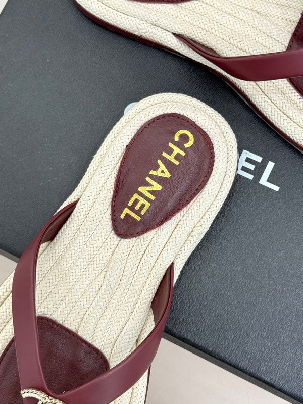 Chanel 26C Hemp Rope Sole Double C Flip-Flops Burgundy in Sheepskin 615958