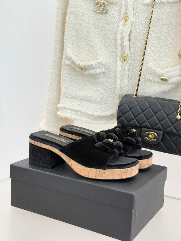 Chanel 26C Camellia Wood Grain Platform Sandals Black in Velvet Leather 615917