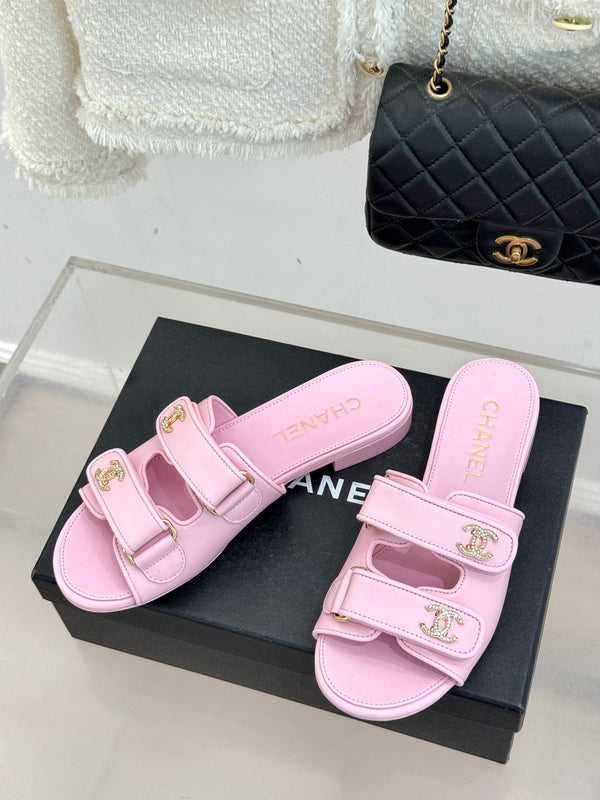 Chanel 26C Double C Backpack Buckle Velcro Slippers Pink in Lambskin 615793