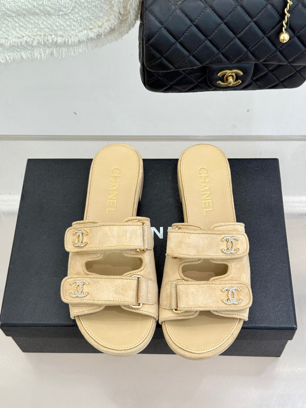 Chanel 26C Double C Backpack Buckle Velcro Slippers Beige in Suede 615791