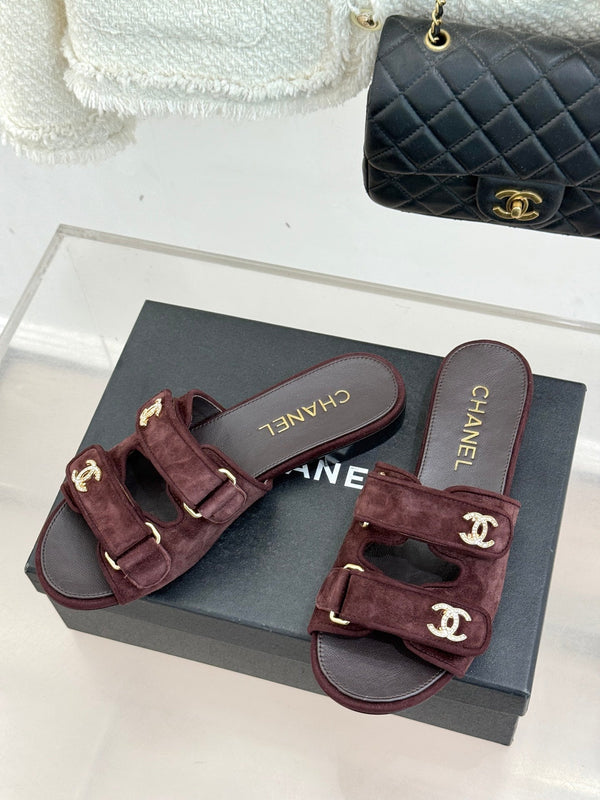 Chanel 26C Double C Backpack Buckle Velcro Slippers Burgundy in Suede 615790