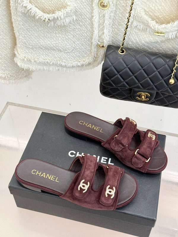 Chanel 26C Double C Backpack Buckle Velcro Slippers Burgundy in Suede 615790