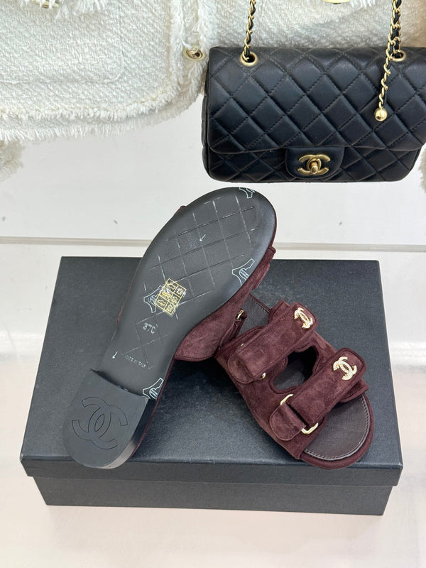 Chanel 26C Double C Backpack Buckle Velcro Slippers Burgundy in Suede 615790