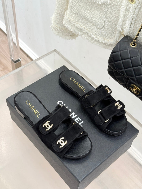 Chanel 26C Double C Backpack Buckle Velcro Slippers Black in Suede 615789