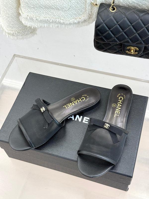 Chanel 26C Double C Bow Slippers Black in Mesh 615711