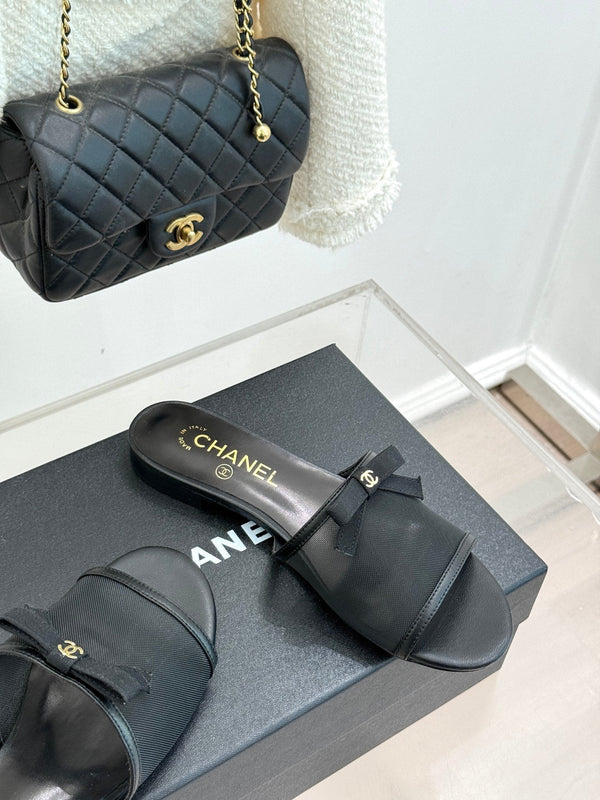 Chanel 26C Double C Bow Slippers Black in Mesh 615711