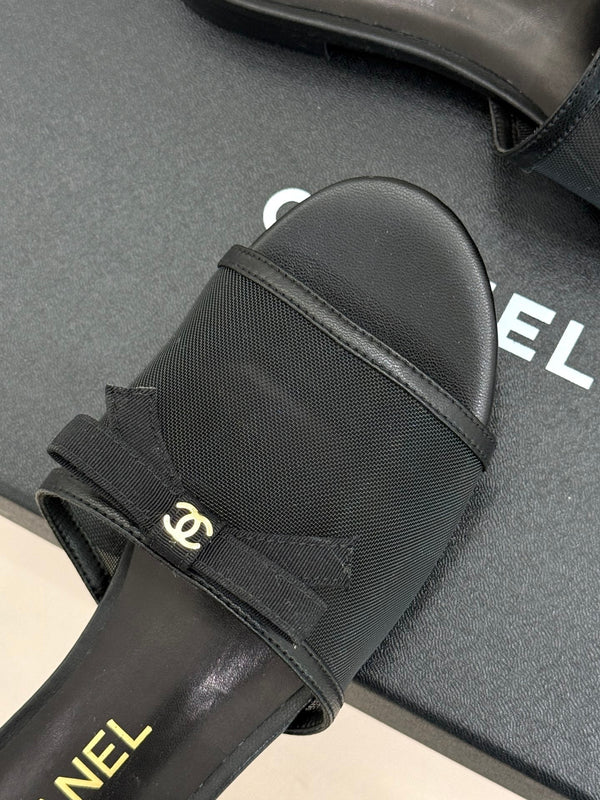 Chanel 26C Double C Bow Slippers Black in Mesh 615711