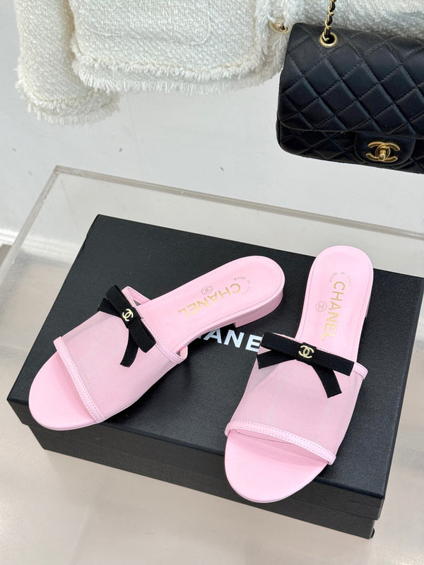 Chanel 26C Double C Bow Slippers Pink in Mesh 615710