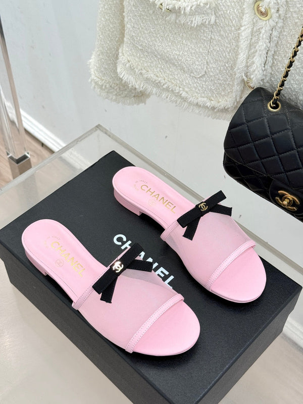 Chanel 26C Double C Bow Slippers Pink in Mesh 615710