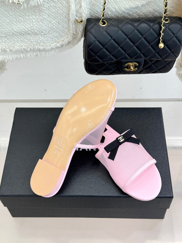 Chanel 26C Double C Bow Slippers Pink in Mesh 615710
