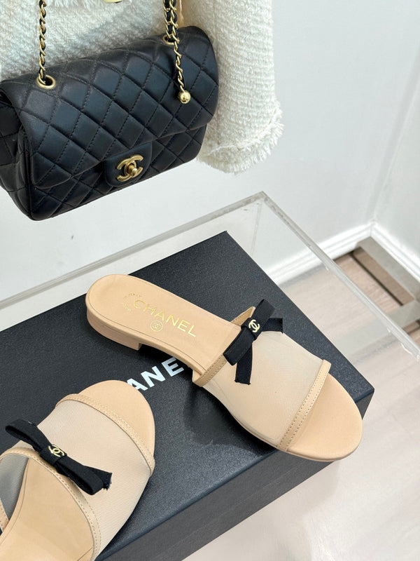 Chanel 26C Double C Bow Slippers Beige in Mesh 615708