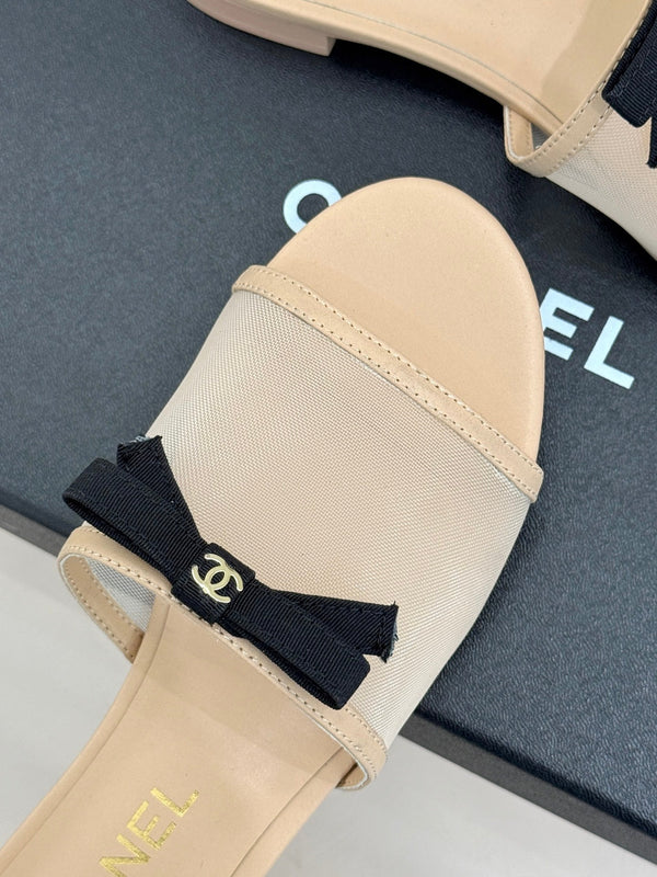 Chanel 26C Double C Bow Slippers Beige in Mesh 615708