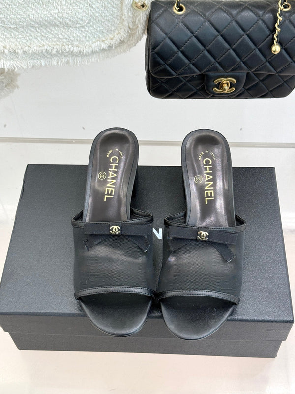 Chanel 26C Double C Bow Slippers High Heel Black in Mesh 615707