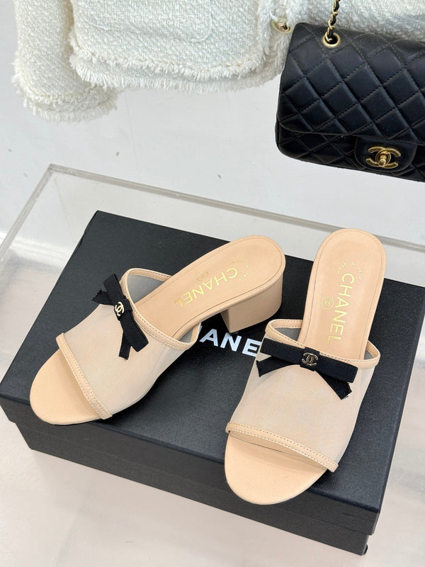 Chanel 26C Double C Bow Slippers High Heel Beige in Mesh 615705