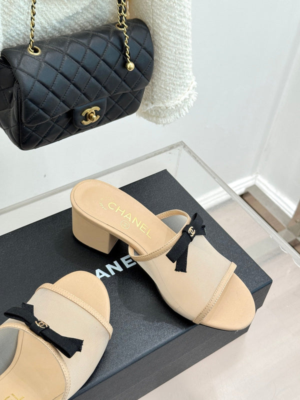 Chanel 26C Double C Bow Slippers High Heel Beige in Mesh 615705