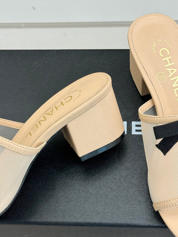 Chanel 26C Double C Bow Slippers High Heel Beige in Mesh 615705