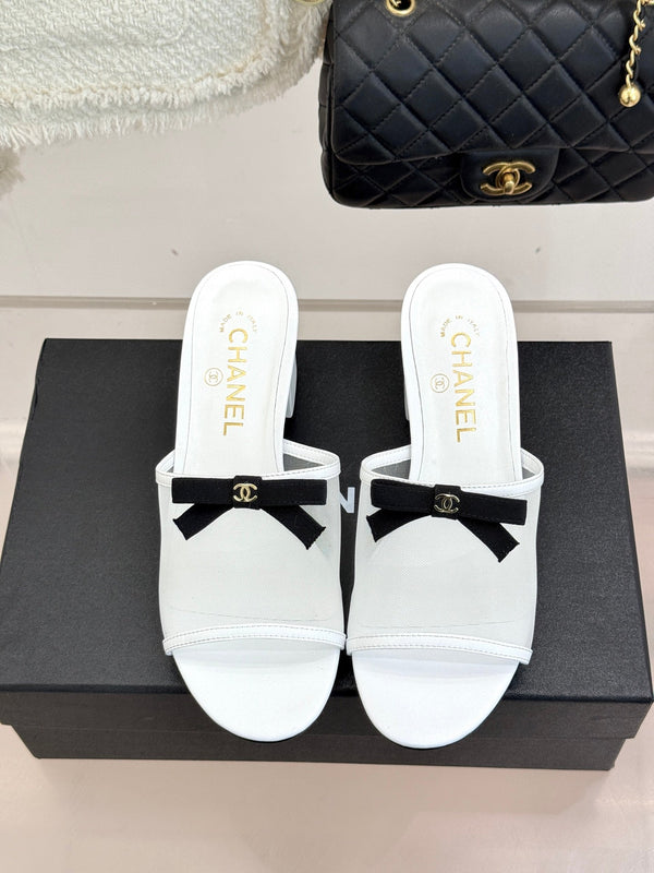 Chanel 26C Double C Bow Slippers High Heel White in Mesh 615704