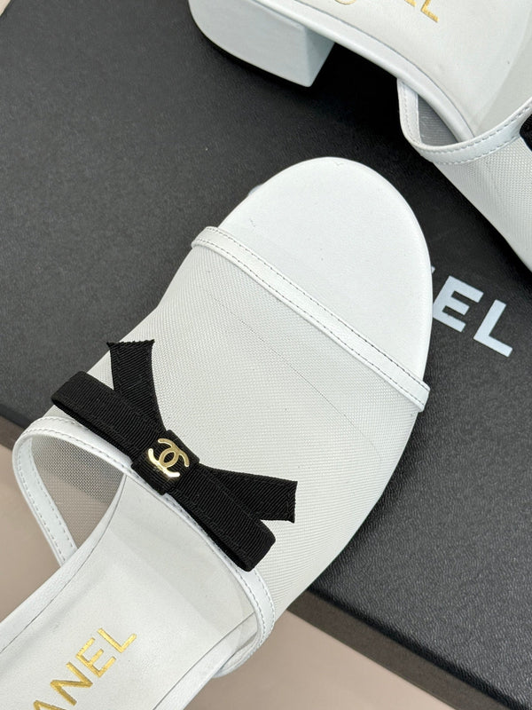 Chanel 26C Double C Bow Slippers High Heel White in Mesh 615704