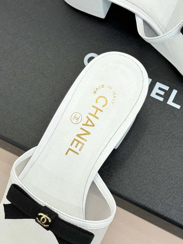 Chanel 26C Double C Bow Slippers High Heel White in Mesh 615704