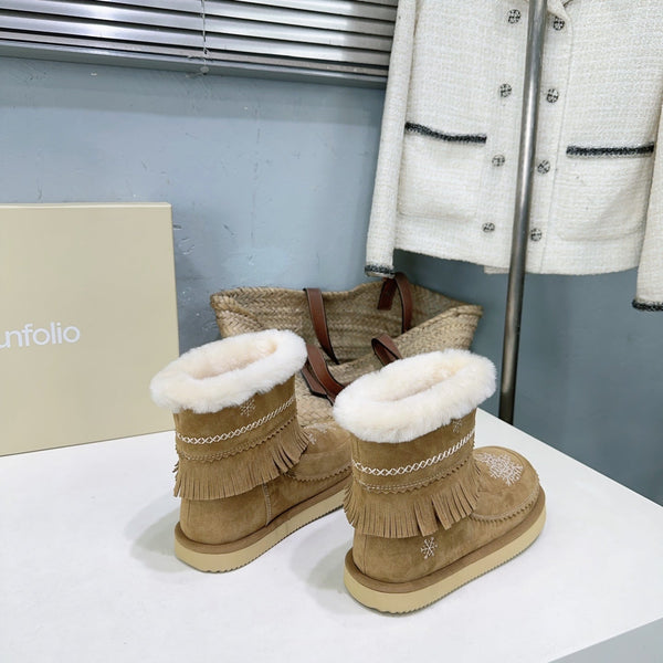 UNFOLIO 26SS Snow Ankel Boots Light Brown in Lambswool and Cow Suede 629523