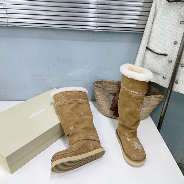 UNFOLIO 26SS Snow High Boots Light Brown in Lambswool and Cow Suede 629525