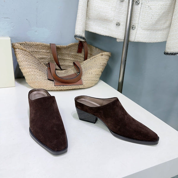 BRUNELLO CUCINELLI 26 Closed-Toe Chunky Heel Mules Dark Brown in Cow Suede 629528