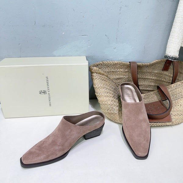 BRUNELLO CUCINELLI 26 Closed-Toe Chunky Heel Mules Pink in Cow Suede 629529