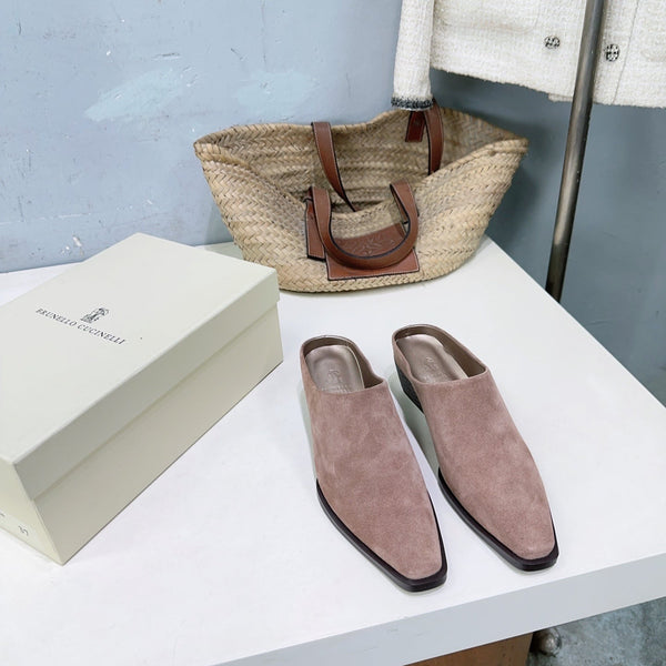 BRUNELLO CUCINELLI 26 Closed-Toe Chunky Heel Mules Pink in Cow Suede 629529