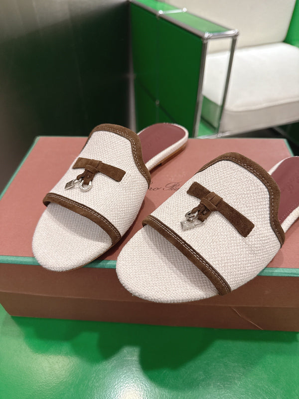 Loro Piana 26 Slippers Ivory Brown Wish Sheepskin Fabric 632134