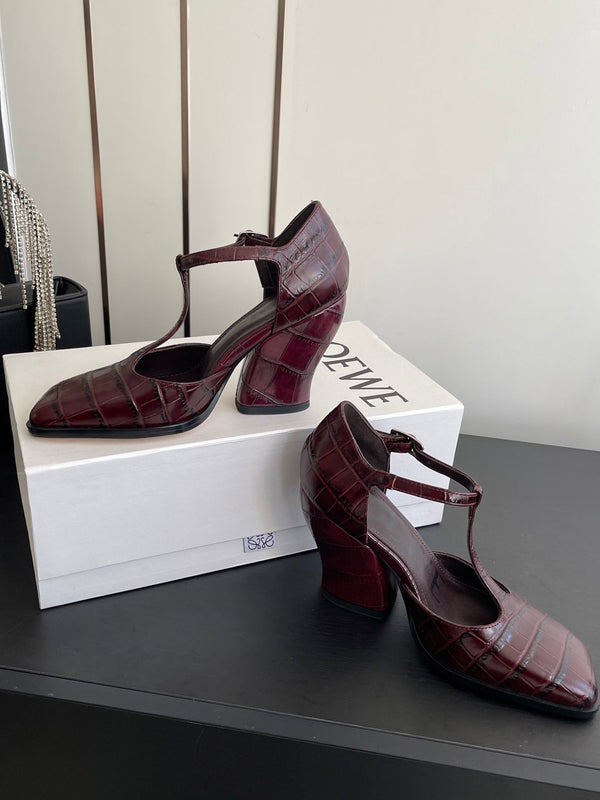 LOEWE 26SS Chunky Heel 50 Mary Jane Burgundy in Leather 631744