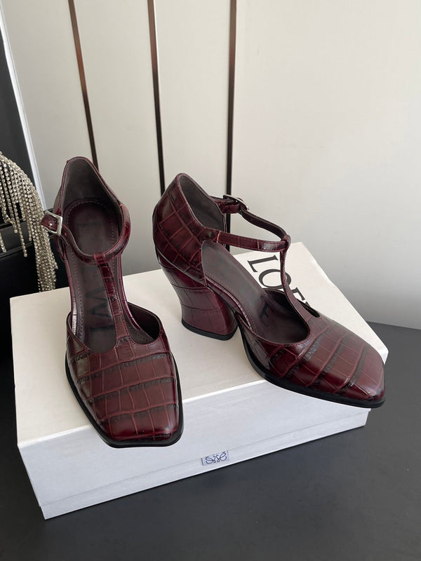 LOEWE 26SS Chunky Heel 50 Mary Jane Burgundy in Leather 631744