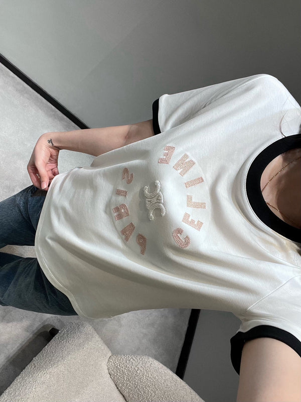 Celine 26SS Color-blocked Neck T-shirt White in Cotton 898941