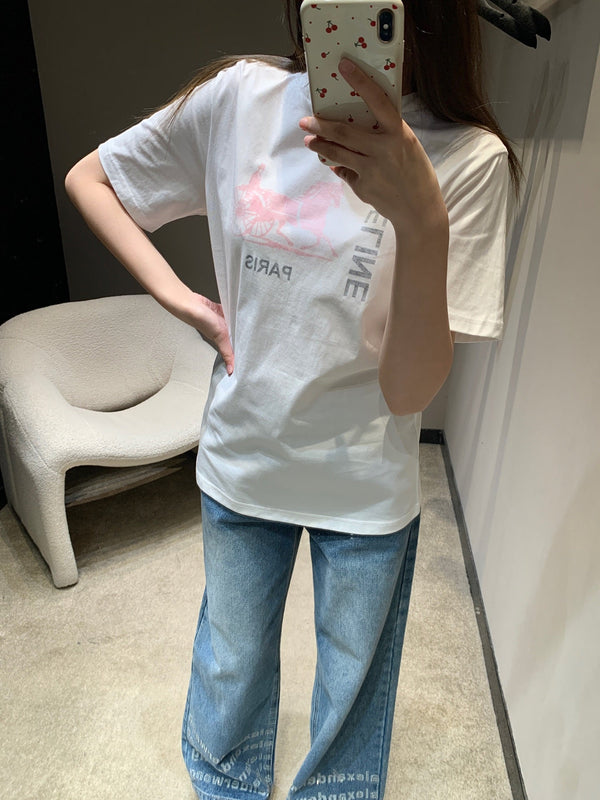 Celine 26SS Horse Carriage Print Crew Neck Short Sleeve T-Shirt White in Cotton 839795