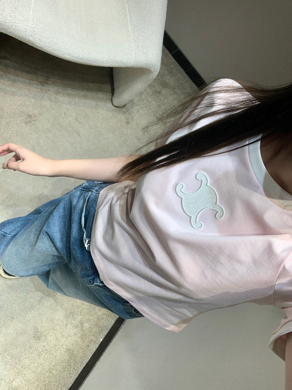 Celine 26SS Neck Short Sleeve T-Shirt Pink in Cotton 813204