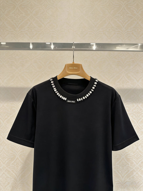 Chanel Black Beaded Crew Neck Short Sleeve T-Shirt in Cotton 133330
