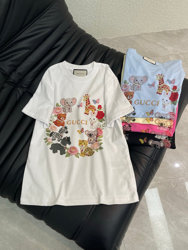 GG Duty Digital Print Animal Beaded Short-Sleeve T-Shirt in Cotton 154107