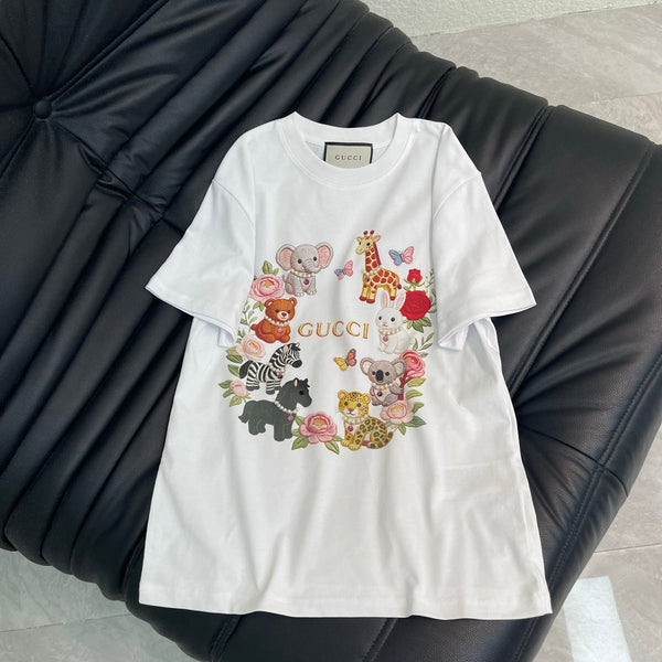 GG Duty Digital Print Animal Beaded Short-Sleeve T-Shirt in Cotton 154107