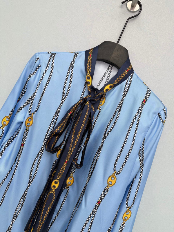 GG Chain Series Print Shirt Blue in Silk Twill 144472