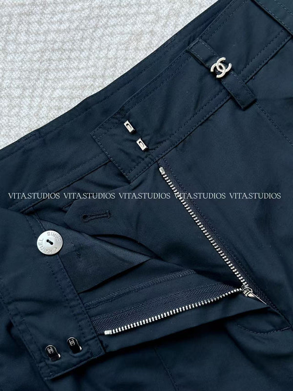Chanel 2026 High-Waisted Wide-Leg Pants Navy Blue in Cotton 162156