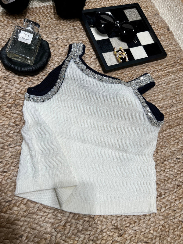 Chanel 26SS Embellished Rhinestone Camisole White in Knit Texture 161793