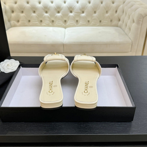 Chanel 26C Double C Buckle Square Toe Slippers Cream in Lambskin 673031