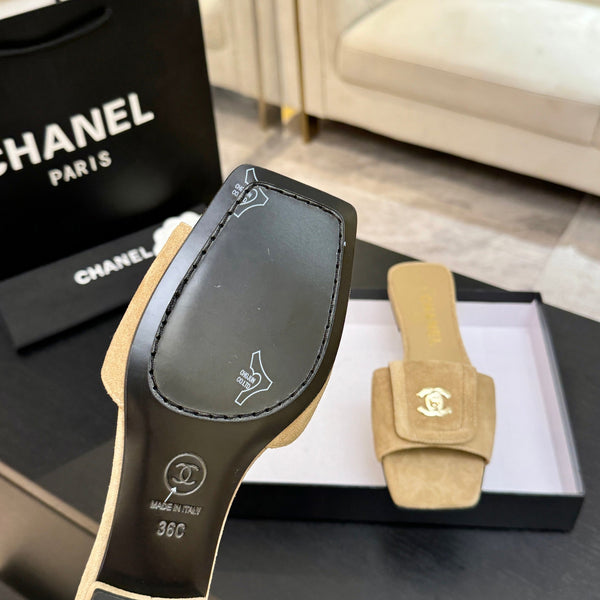 Chanel 26C Double C Buckle Square Toe Slippers Beige in Suede 673026