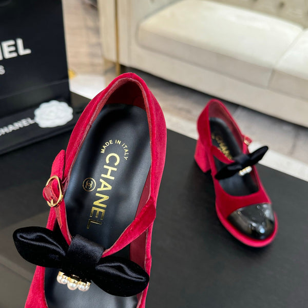Chanel KJ26 Mary Janes Heel 2.5cm with Bow Red in Velvet 673011