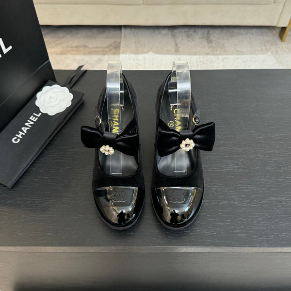 Chanel KJ26 Mary Janes Heel 2.5cm with Bow Black in Velvet 673010