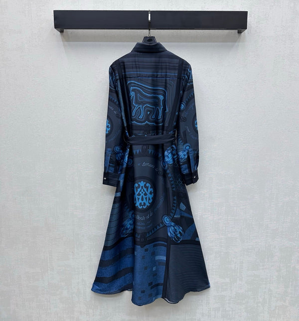 Hermes 26 Printed Waist-Waisted Maxi Dress Blue in Mulberry Silk 137386