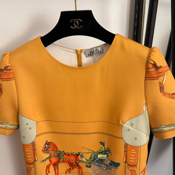 Hermes 26 Beaded Horse and Carriage Print Short-Sleeve Dress in Cotton 948659