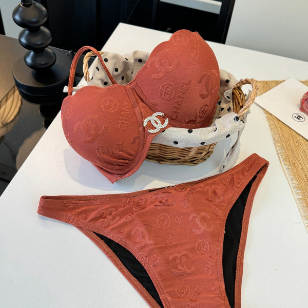 Chanel Two-piece Bikini Swimsuit with Underwire Earthy Orange in Cotton 195161