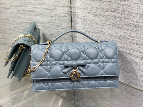 Dior 26 Bow Pearl Chain Clutch Blue Lambskin GHW