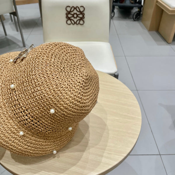 Chanel vintage Hat Pearl embellishments Camel in Straw 201640
